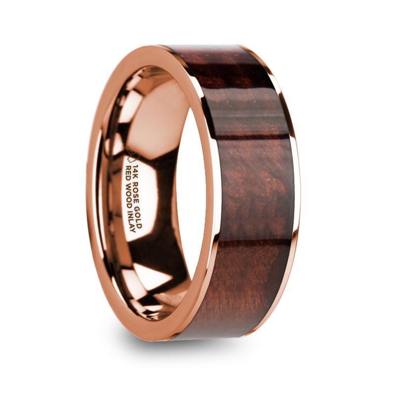 14k Rose Gold Men's Wedding Band with Red Wood Inlay