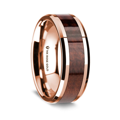 14k Rose Gold Men's Wedding Band with Redwood Inlay