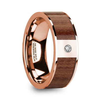 14k Rose Gold Men's Wedding Band with Rosewood Inlay & Diamond