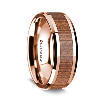14k Rose Gold Men's Wedding Band with Sapele Wood Inlay