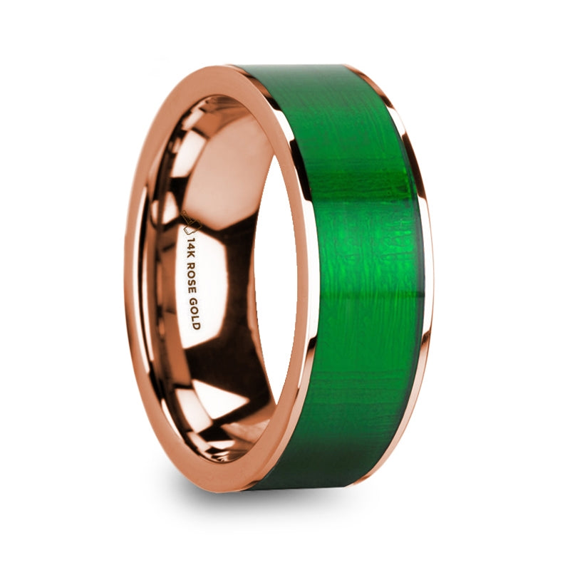 14k Rose Gold Men's Wedding Band with Textured Green Inlay