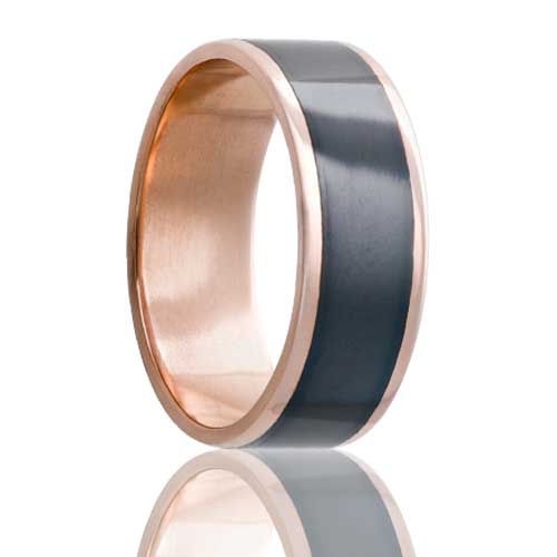 A 14k rose gold men's men's wedding band with zirconium inlay displayed on a neutral white background.