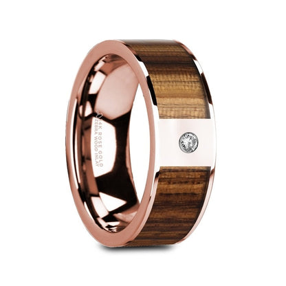 14k Rose Gold Men's Wedding Band with Zebra Wood Inlay & Diamond