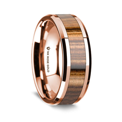 14k Rose Gold Men's Wedding Band with Zebra Wood Inlay