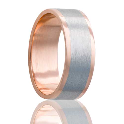 A 14k rose gold satin finish men's wedding band with cobalt inlay displayed on a neutral white background.