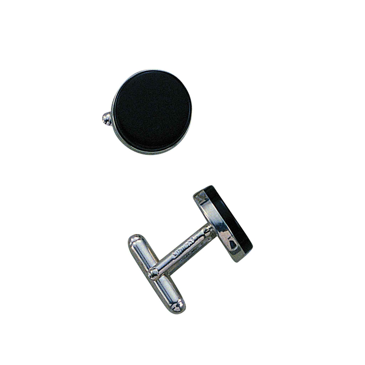 A 14k white gold cufflinks with round onyx displayed on a neutral white background.