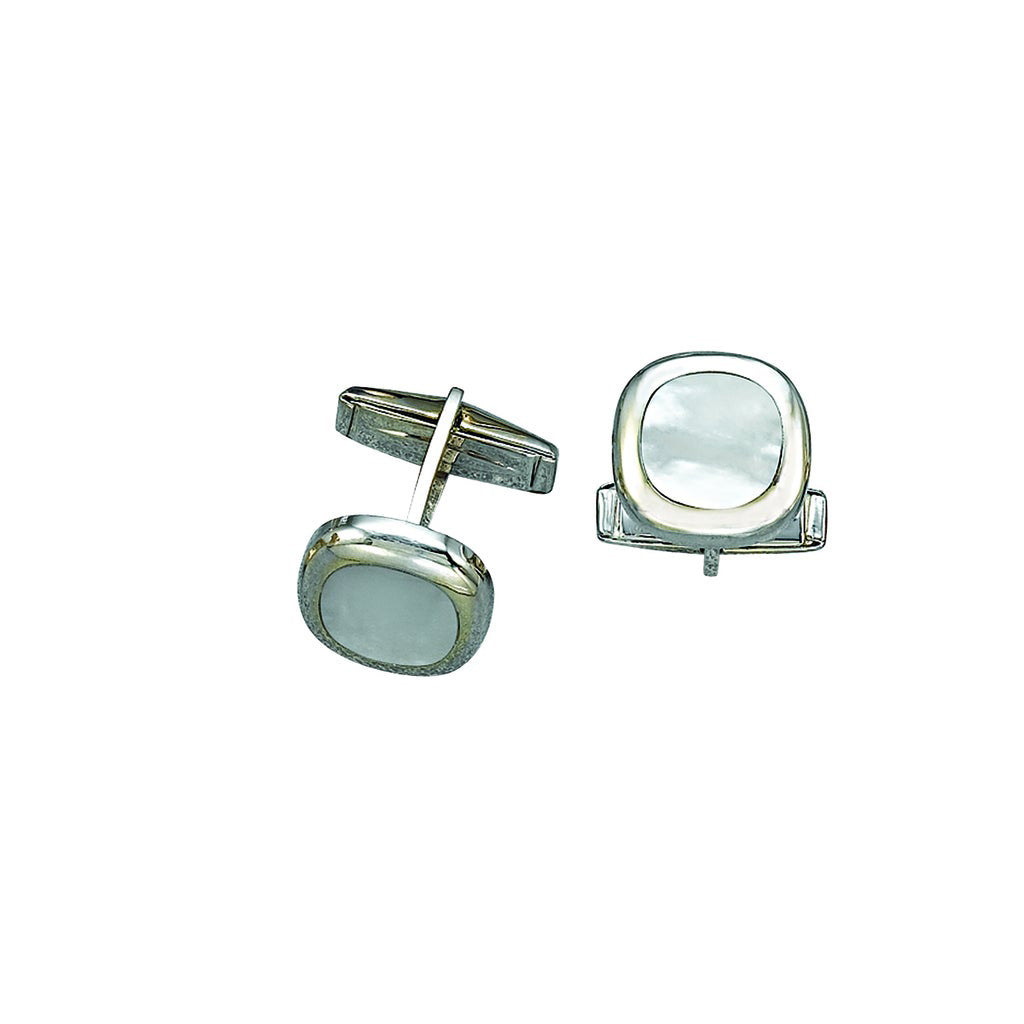 A 14k white gold cushion cufflinks with mother of pearl center displayed on a neutral white background.