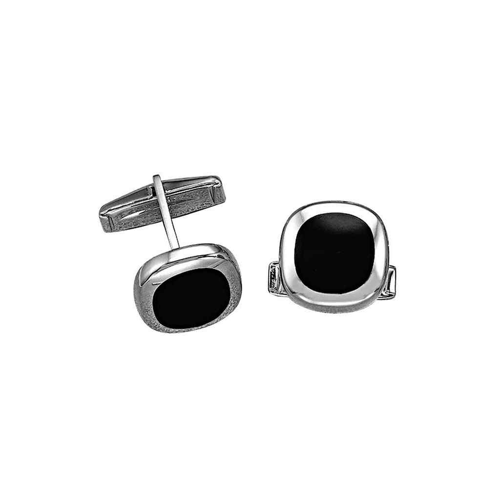 A 14k white gold cushion cufflinks with onyx center displayed on a neutral white background.