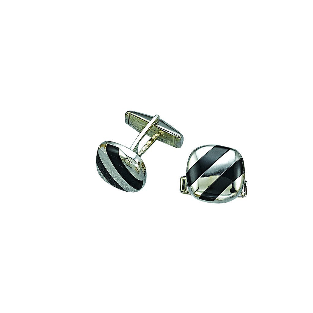 A 14k white gold cushion cufflinks with onyx stipped inlay displayed on a neutral white background.