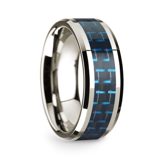 14k White Gold Men's Wedding Band with Black & Blue Carbon Fiber Inlay