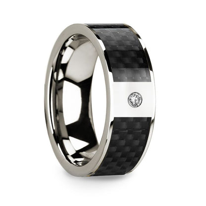 14k White Gold Men's Wedding Band with Black Carbon Fiber Inlay & Diamond