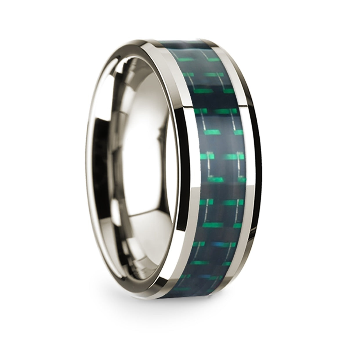 14k White Gold Men's Wedding Band with Black & Green Carbon Fiber Inlay