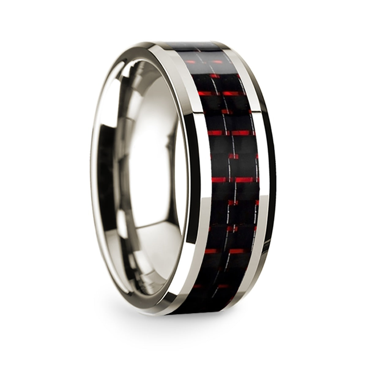 14k White Gold Men's Wedding Band with Black & Red Carbon Fiber Inlay