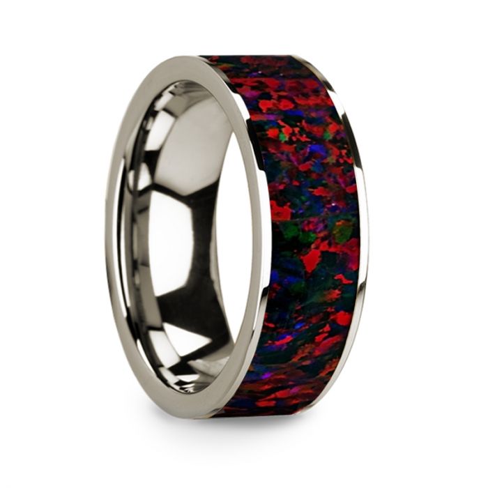 14k White Gold Men's Wedding Band with Black and Red Opal Inlay