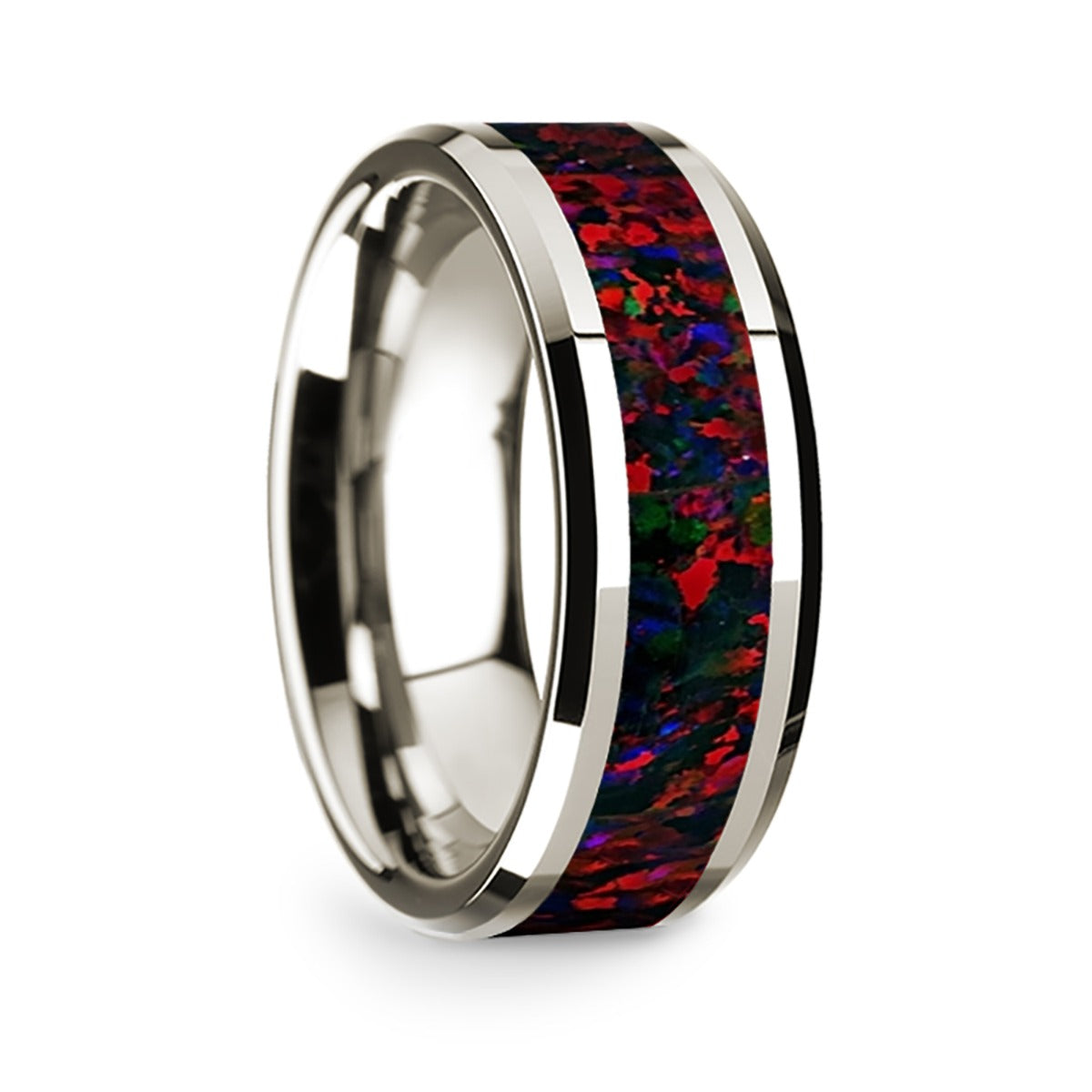 14k White Gold Men's Wedding Band with Black & Red Opal Inlay