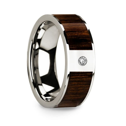 14k White Gold Men's Wedding Band with Black Walnut Wood Inlay & Diamond
