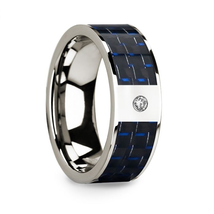 14k White Gold Men's Wedding Band with Blue & Black Carbon Fiber Inlay and Diamond