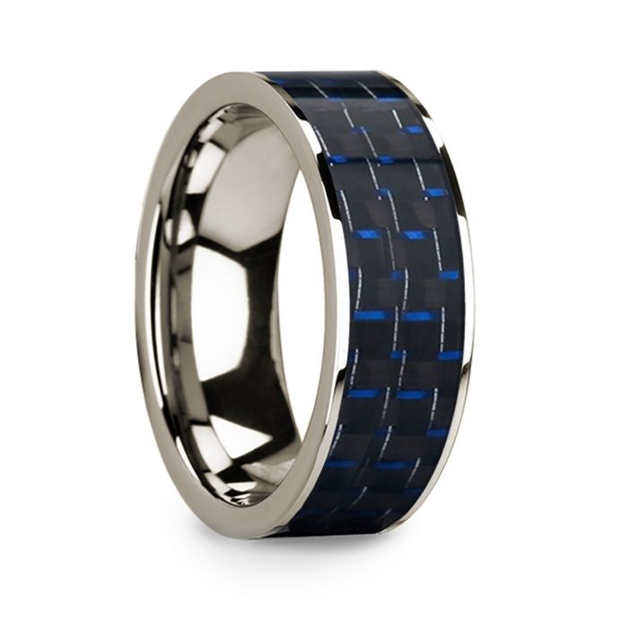 14k White Gold Men's Wedding Band with Blue & Black Carbon Fiber Inlay