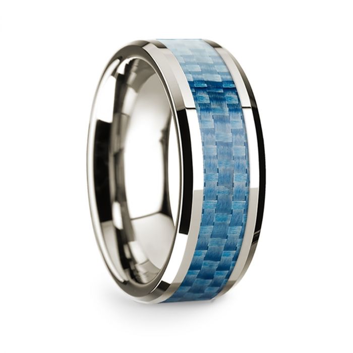14k White Gold Men's Wedding Band with Blue Carbon Fiber Inlay