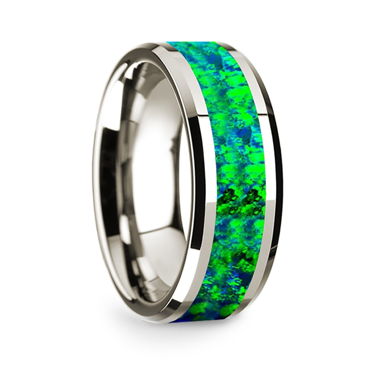 14k White Gold Men's Wedding Band with Blue and Green Opal Inlay