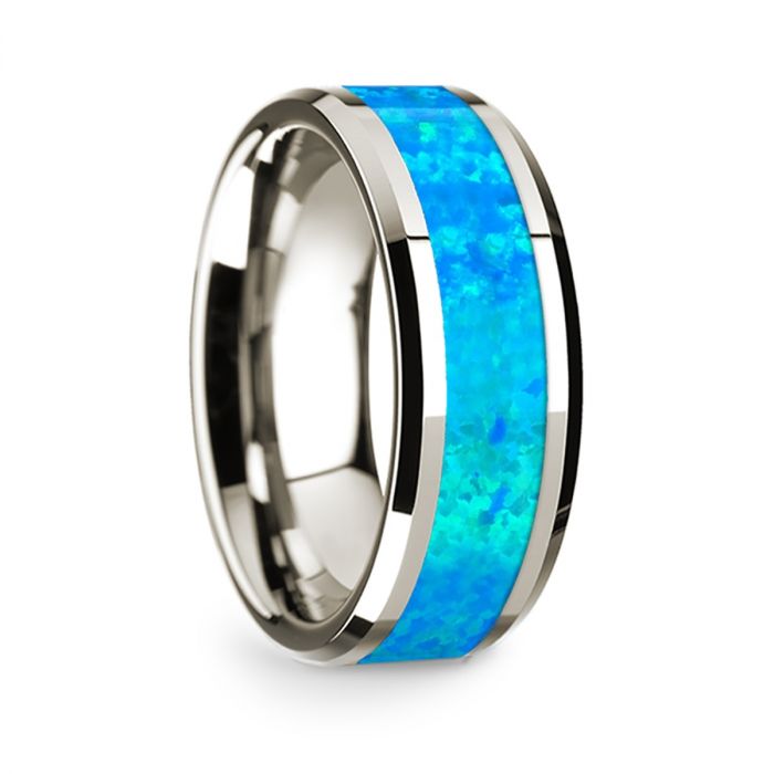 14k White Gold Men's Wedding Band with Blue Opal Inlay
