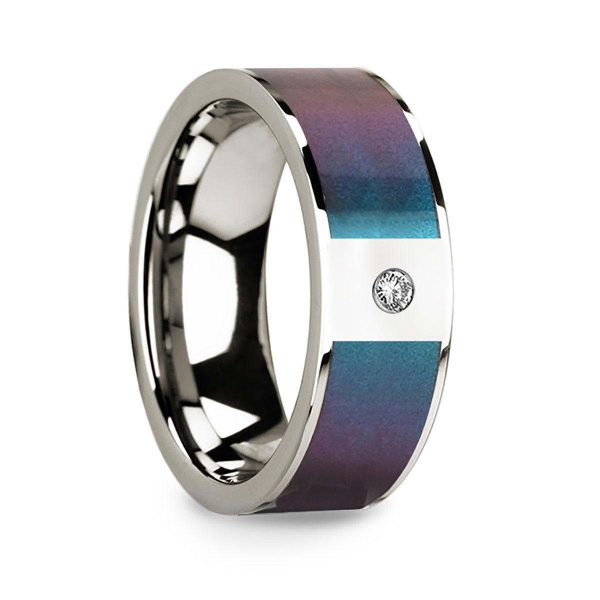 14k White Gold Men's Wedding Band with Blue & Purple Color Changing Inlay and Diamond