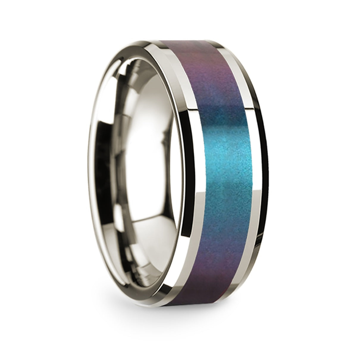 14k White Gold Men's Wedding Band with Blue & Purple Color Changing Inlay