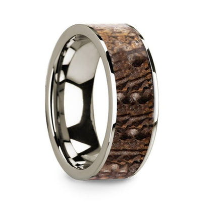 14k White Gold Men's Wedding Band with Brown Dinosaur Bone Inlay