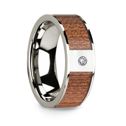 14k White Gold Men's Wedding Band with Cherry Wood Inlay & Diamond