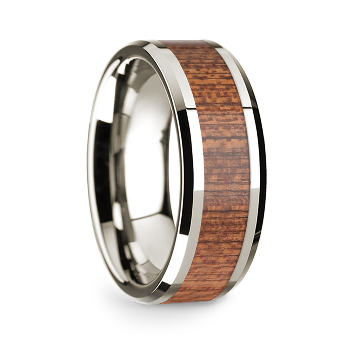 14k White Gold Men's Wedding Band with Cherry Wood Inlay