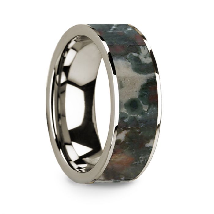 14k White Gold Men's Wedding Band with Coprolite Fossil Inlay