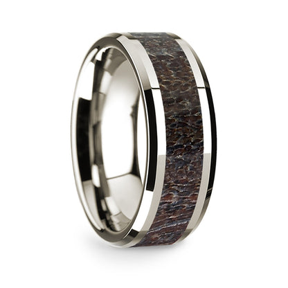 14k White Gold Men's Wedding Band with Dark Deer Antler Inlay