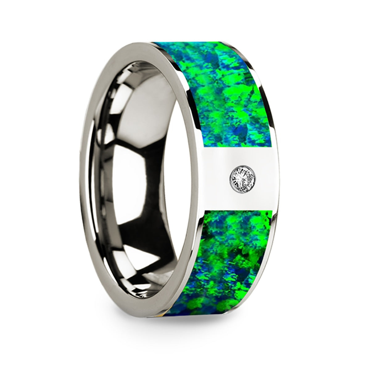 14k White Gold Men's Wedding Band with Green & Blue Opal Inlay and Diamond