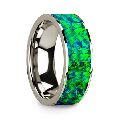 14k White Gold Men's Wedding Band with Green & Blue Opal Inlay