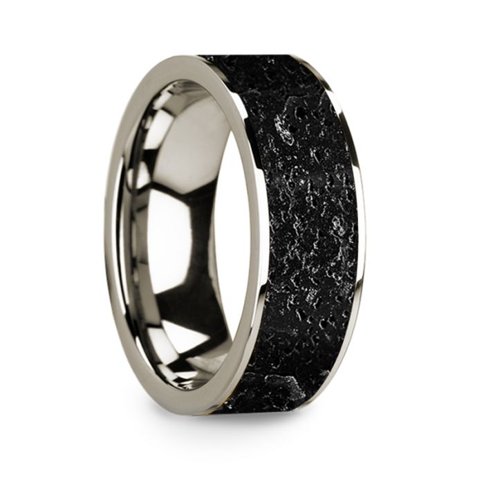 14k White Gold Men's Wedding Band with Lava Rock Inlay