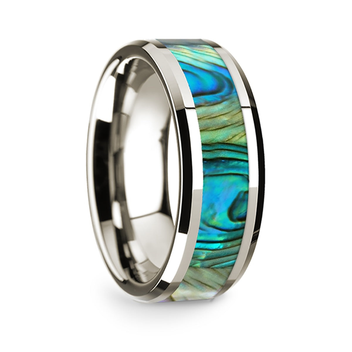 14k White Gold Men's Wedding Band with Mother of Pearl Inlay