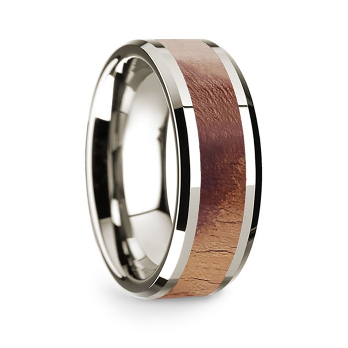 14k White Gold Men's Wedding Band with Olive Wood Inlay
