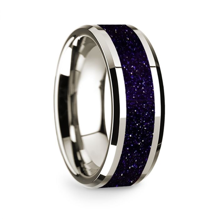 14k White Gold Men's Wedding Band with Purple Goldstone Inlay