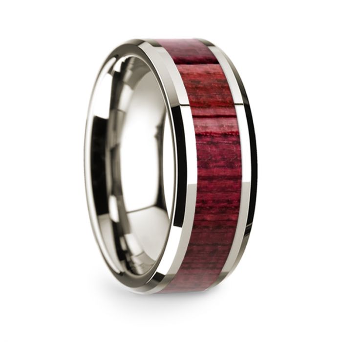 14k White Gold Men's Wedding Band with Purpleheart Wood Inlay