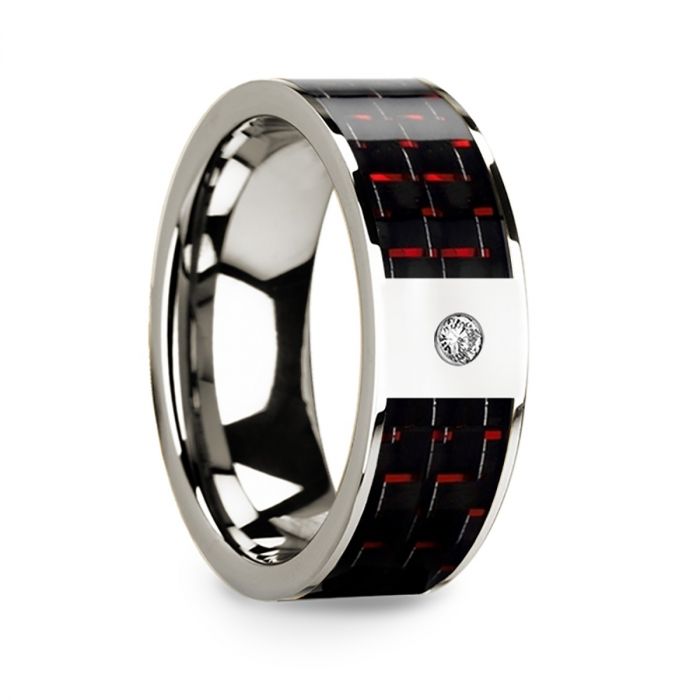 14k White Gold Men's Wedding Band with Red & Black Carbon Fiber Inlay and Diamond