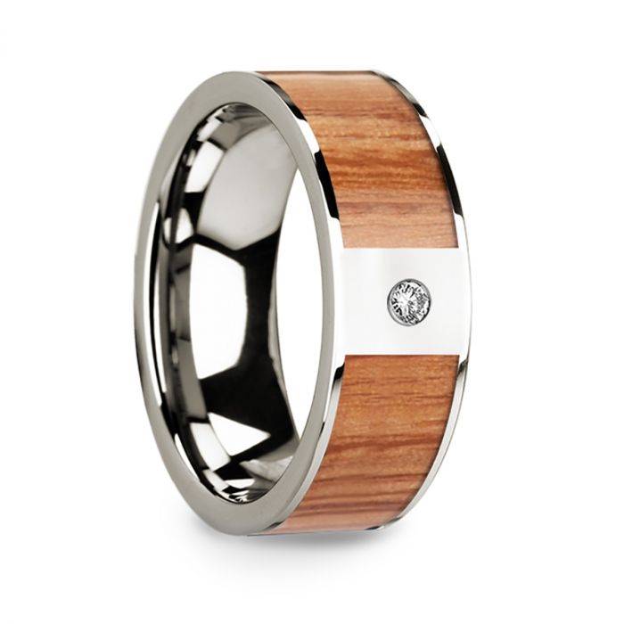 14k White Gold Men's Wedding Band with Red Oak Wood Inlay & Diamond