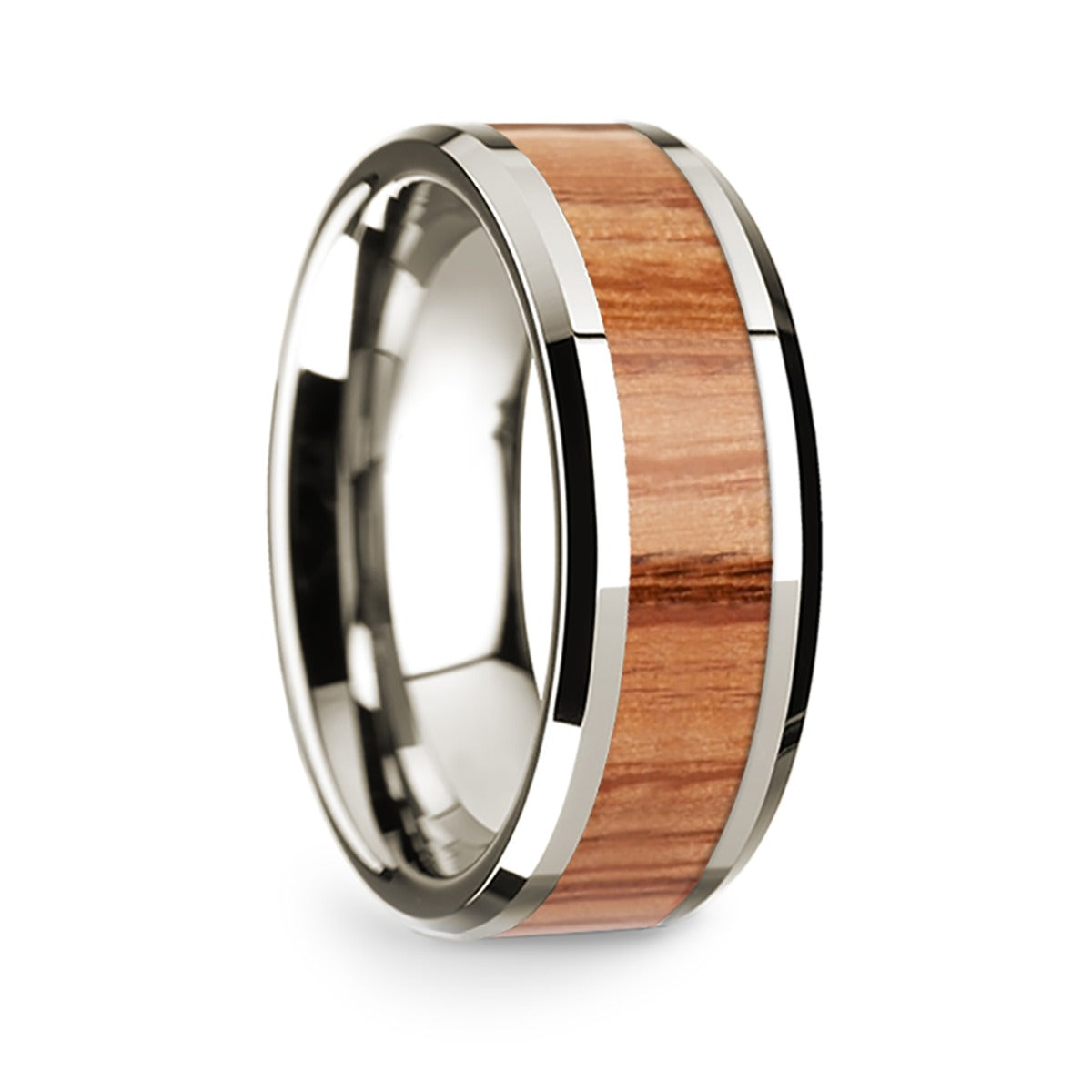 White Gold Men's Ring with Red Oak Wood Inlay