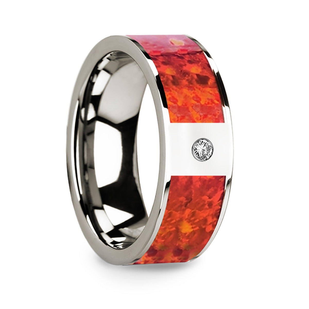 14k White Gold Men's Wedding Band with Red Opal Inlay & Diamond