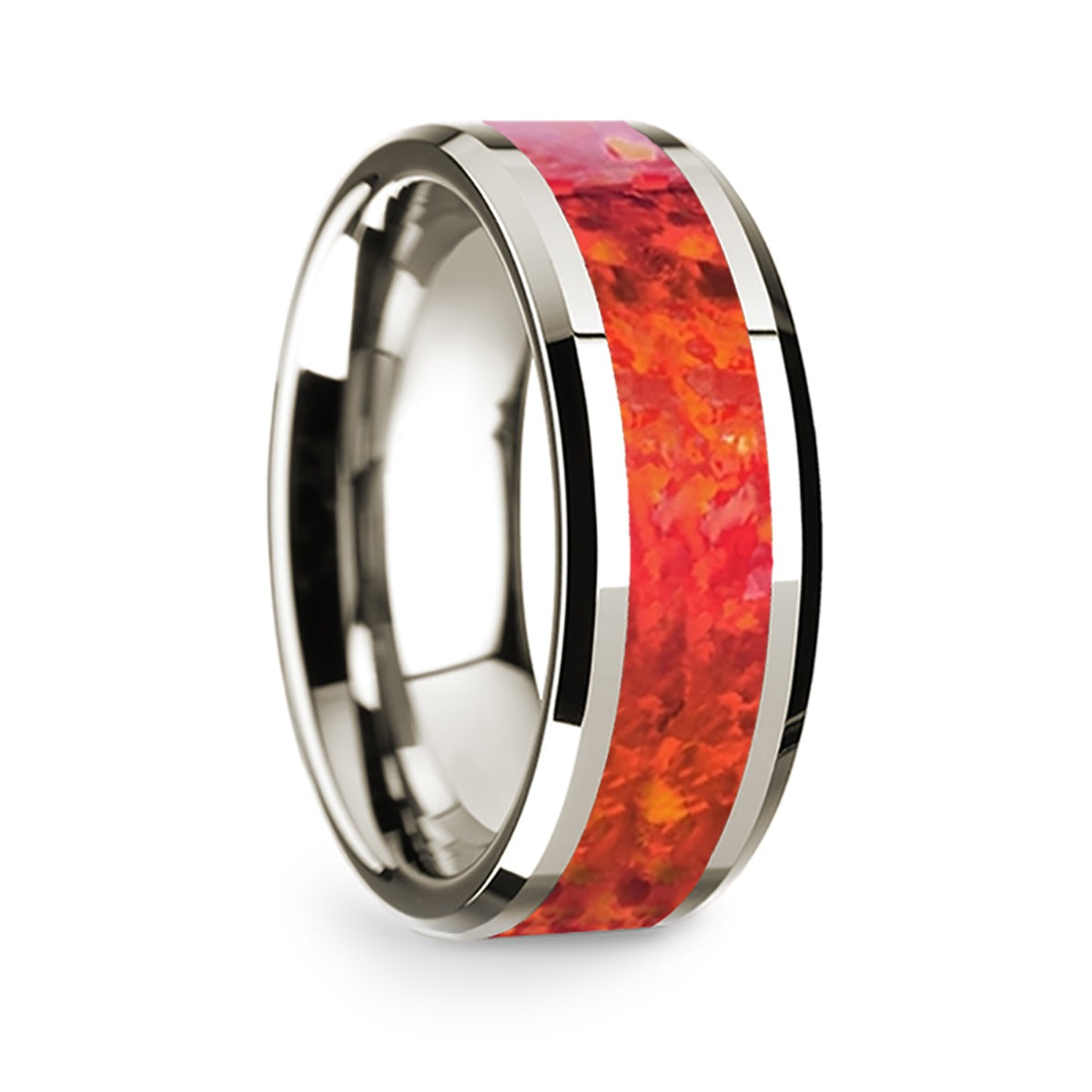 14k White Gold Men's Wedding Band with Red Opal Inlay