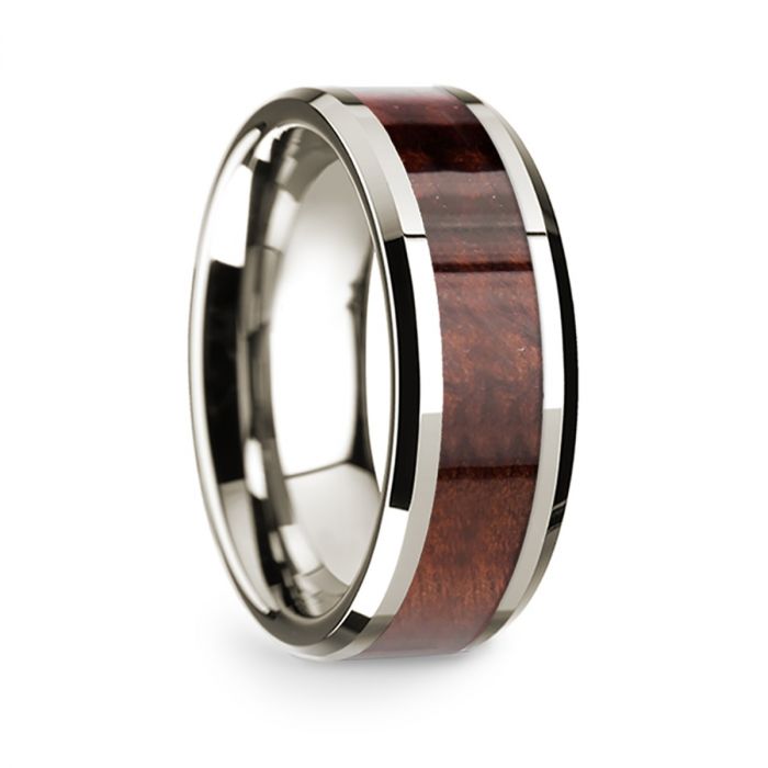 14k White Gold Men's Wedding Band with Redwood Inlay
