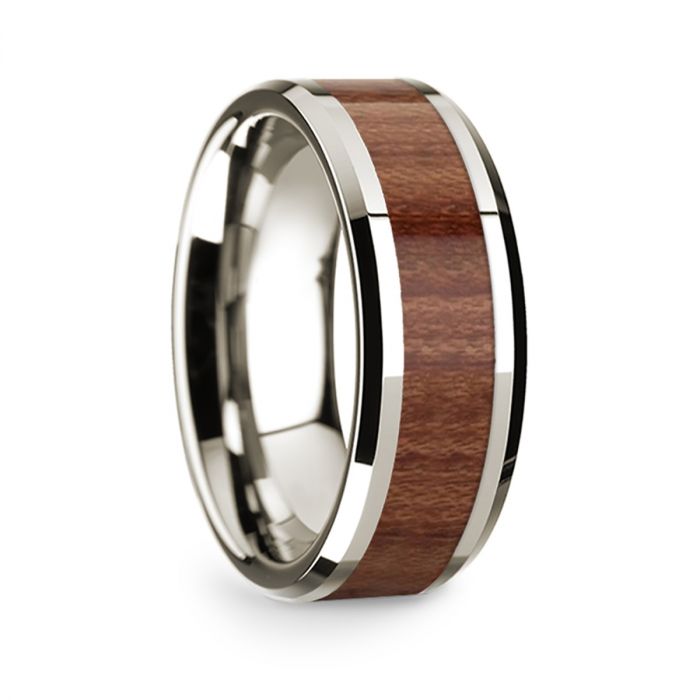 14k White Gold Men's Wedding Band with Rosewood Inlay
