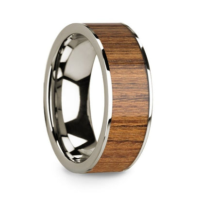 14k White Gold Men's Wedding Band with Teak Wood Inlay