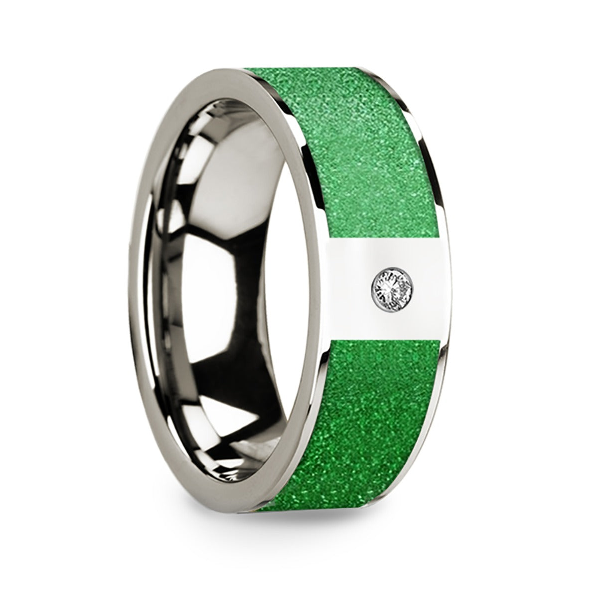 14k White Gold Men's Wedding Band with Textured Green Inlay & Diamond