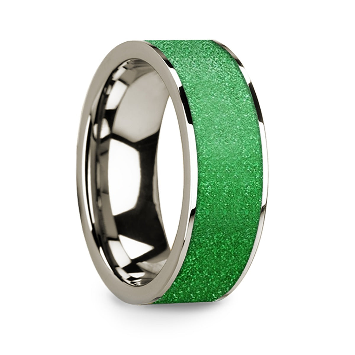 14k White Gold Men's Wedding Band with Textured Green Inlay