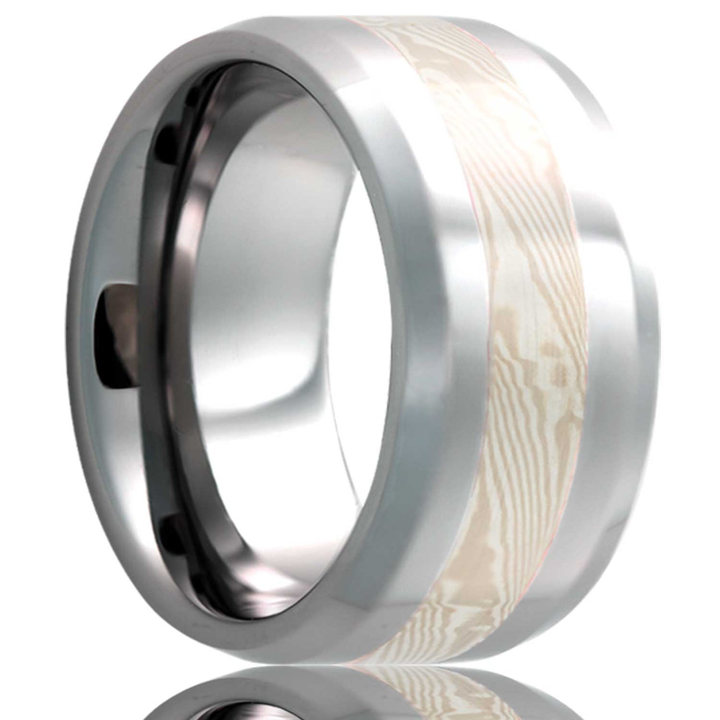 14k White Gold & Sterling Silver Mokume Gane Inlay Tungsten Wedding Band with Beveled Edges